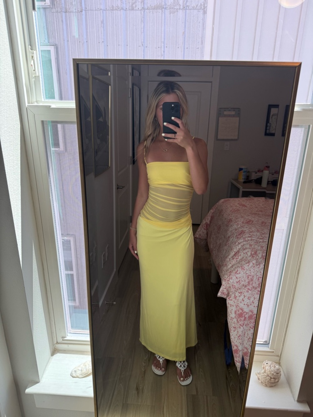 Strapless Yellow Mesh-Detail Maxi Dress